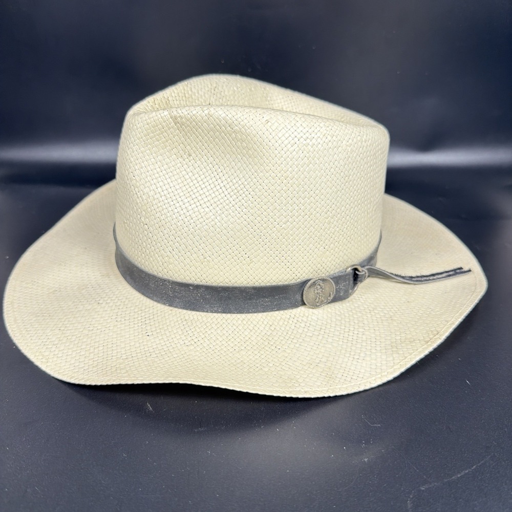 VTG Walt Disney World Straw Fedora Hat Cream Leather‎ Band Mickey Logo Pirate